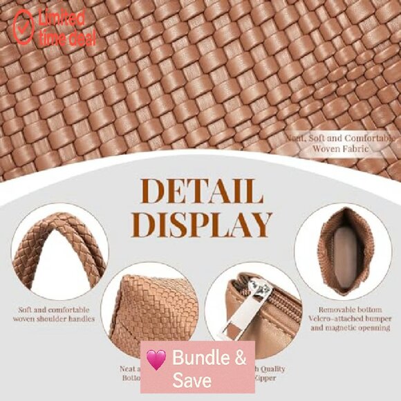 Woven Vegan Leather Tote Bag with Zippered Pouch, Large Capacity - Picture 6 of 8